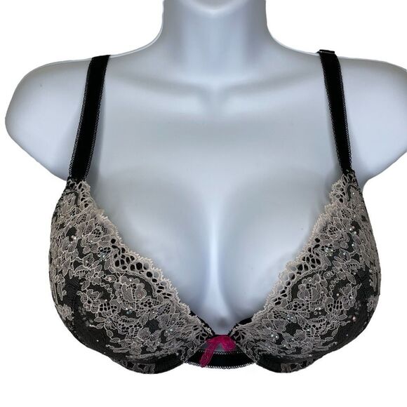 Victoria’s Secret Dream Angel Lace Push-up Pigeonnant Bra Black Cream Size 34DD - Picture 1 of 11